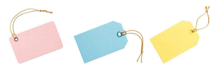 Set of Three Blank Paper Tags in Pastel Colors with Strings