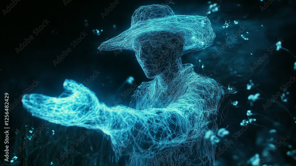 Aufkleber the hologram is a scarecrow. a garden scarecrow on a stick made of polygons, triangles of dots and l