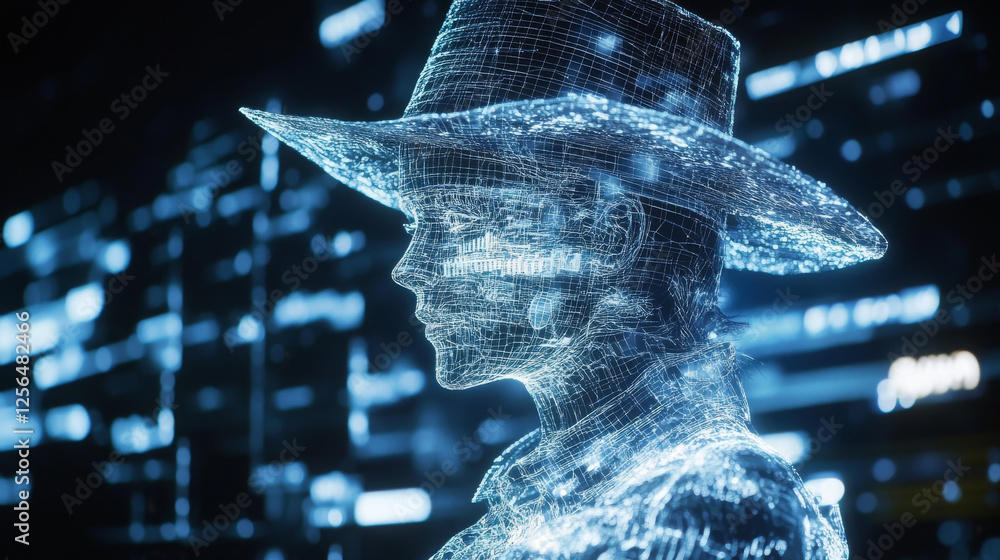 Poster the hologram is a scarecrow. a garden scarecrow on a stick made of polygons, triangles of dots and l