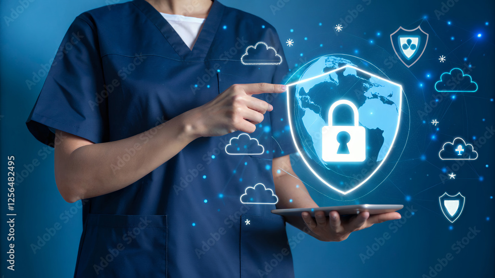 Poster Secure Your Digital Future: Businessman Securing Cyber Lock, Innovative Network Data Protection Solution, Smart Technology Against Cyber Attacks,     