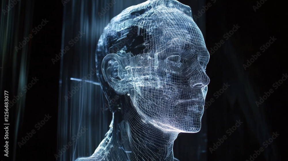 Poster the hologram is a scarecrow. a garden scarecrow on a stick made of polygons, triangles of dots and l