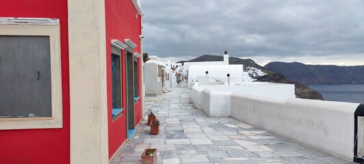 empty oia based on santorini greece people evacuated