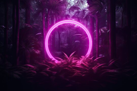 Neon circle surrounded by leaves and greenery, in the style of light violet, cinematic composition, deco-pop style - Powered by Adobe