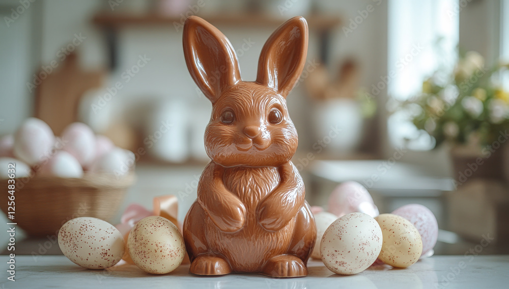 Poster a chocolate bunny sits on a table with a bunch of eggs. the bunny is surrounded by eggs of different