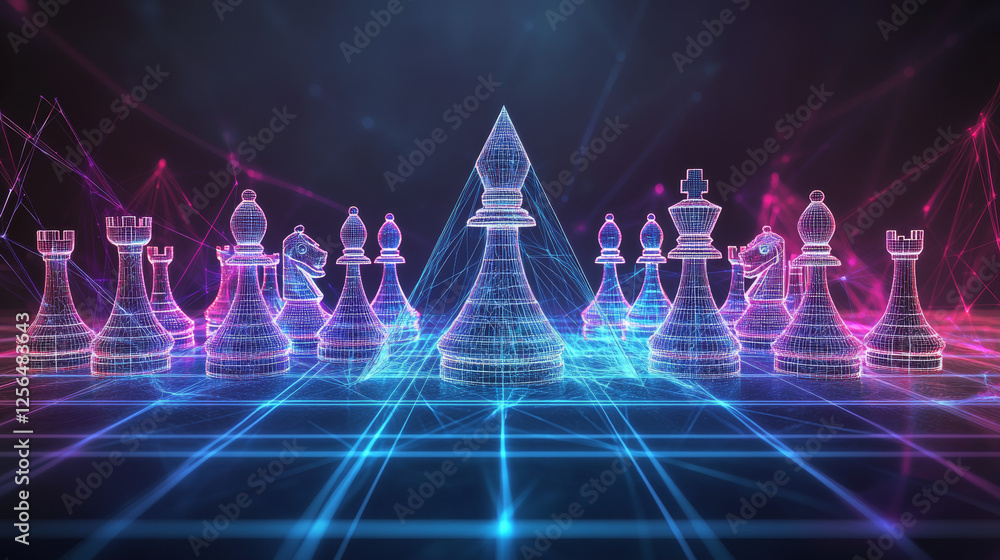 Poster hologram chess strategy. a chess strategy of polygons, triangles of points and lines. chess is a low