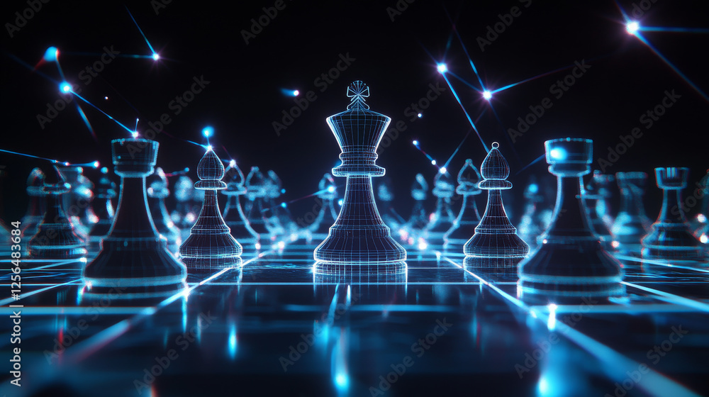 Poster hologram chess strategy. a chess strategy of polygons, triangles of points and lines. chess is a low