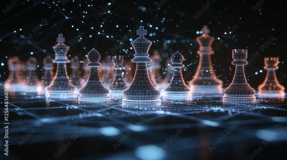 Poster hologram chess strategy. a chess strategy of polygons, triangles of points and lines. chess is a low