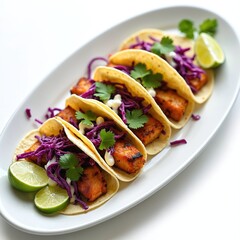 Delicious grilled fish tacos with purple cabbage and lime on white plate. Garnished cilantro, creamy sauce in tortillas. Traditional Mexican dish. Lunch or dinner meal with epicure cuisine.