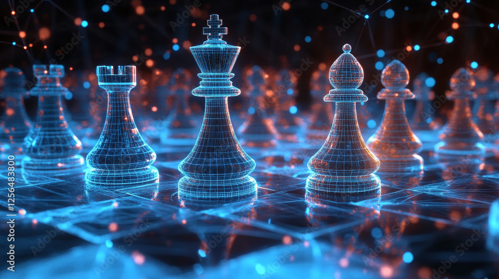 Poster hologram chess strategy. a chess strategy of polygons, triangles of points and lines. chess is a low