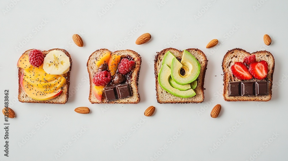 Poster three slices of toast with fruit, nuts, and chocolate on a white surface with a white background can