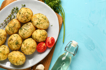 Plate of boiled baby potatoes with dill and tomatoes on blue background