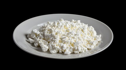 Plate of cottage cheese quark isolated on dark background. High-contrast composition emphasizing texture and creamy consistency for dairy and nutrition themes