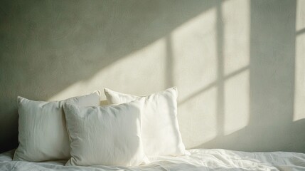   Three white pillows on a white bed in a room with sunlight streaming through the window and casting a shadow on the wall