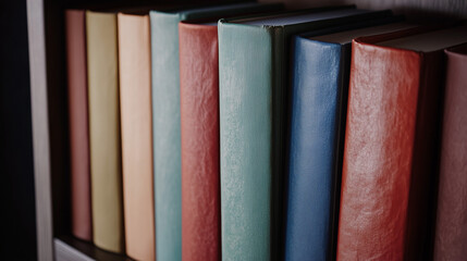 Row of colorful hardcover books on a bookshelf, symbolizing knowledge, organization, and literary diversity