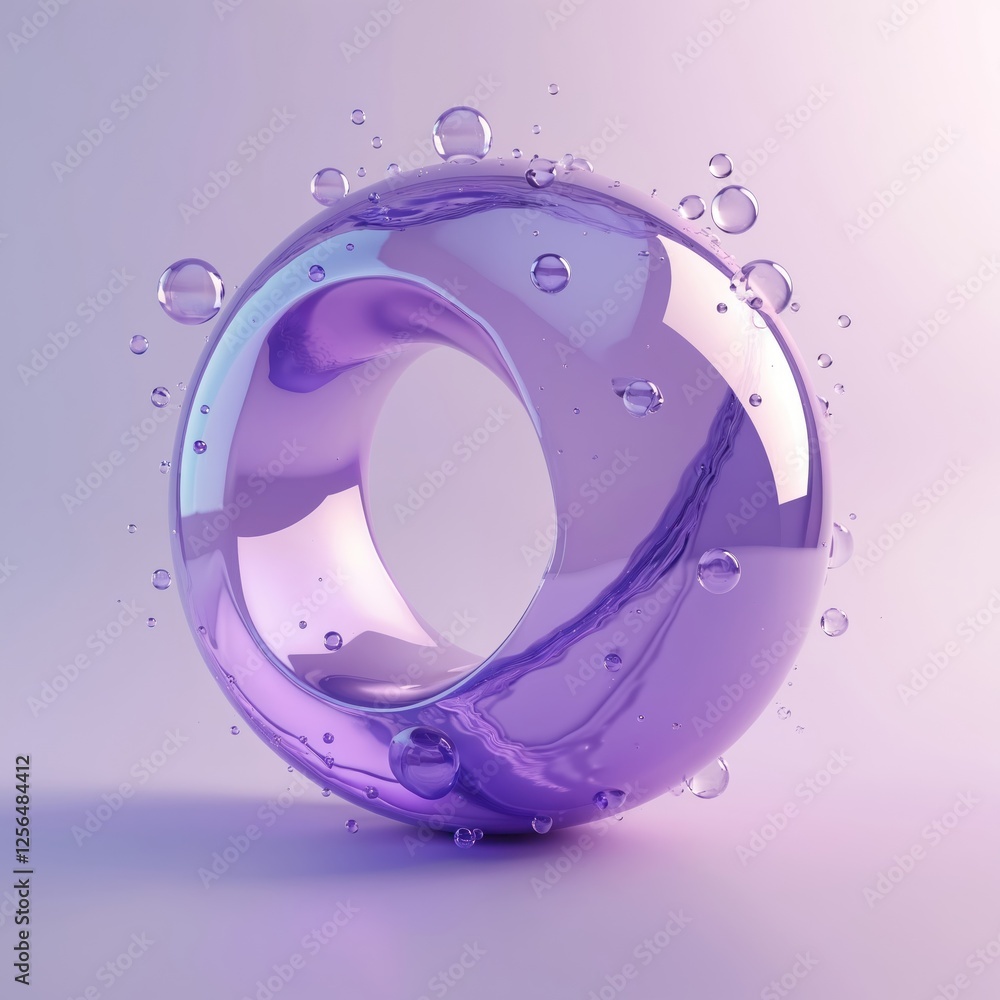 Poster 3d render of abstract purple fluid inside torus shape sphere with water drops bubbles. liquid motion