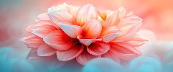 Fototapeta premium A close up of a pink flower with a blue background. The flower is surrounded by a blue and white cloud