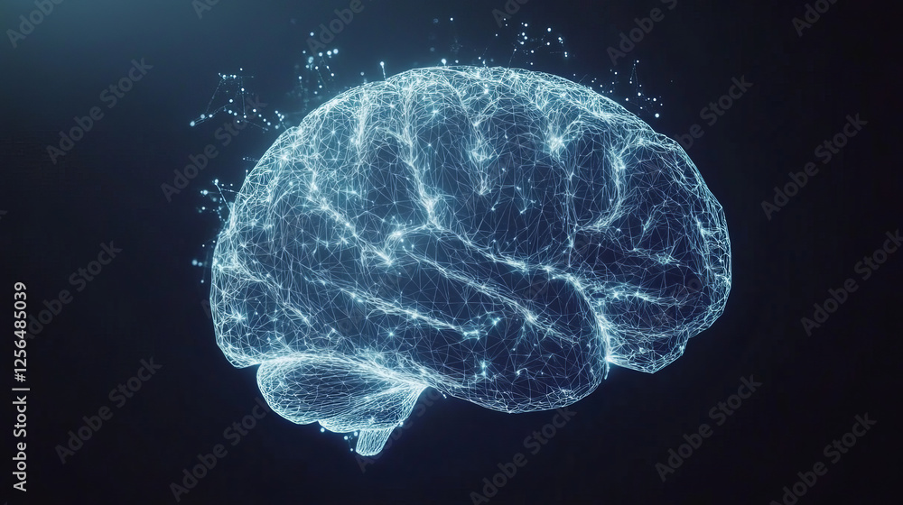 Poster a hologram of the brain in the palms of your hands. the brain is in the hands of polygons, triangles