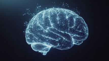 A hologram of the brain in the palms of your hands. The brain is in the hands of polygons, triangles of dots and lines. The brain is a low-poly compound structure. Technology concept vector.