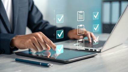 Fototapeta premium Streamline Your Business: Digital Checklists for Certification & Quality Assurance. Boost Efficiency, Improve Compliance, and Achieve Peak Performance