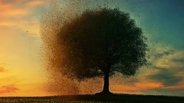 Ephemeral Tree: A solitary tree stands silhouetted against a vibrant sunset, particles seemingly dissolving from its branches, creating a dreamlike and melancholic scene.