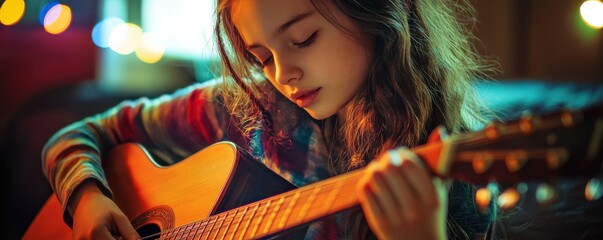 Caucasian young girl playing acoustic guitar in cozy room with warm lighting