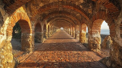 Arched corridor with brick and stone structure, leading to a scenic view.