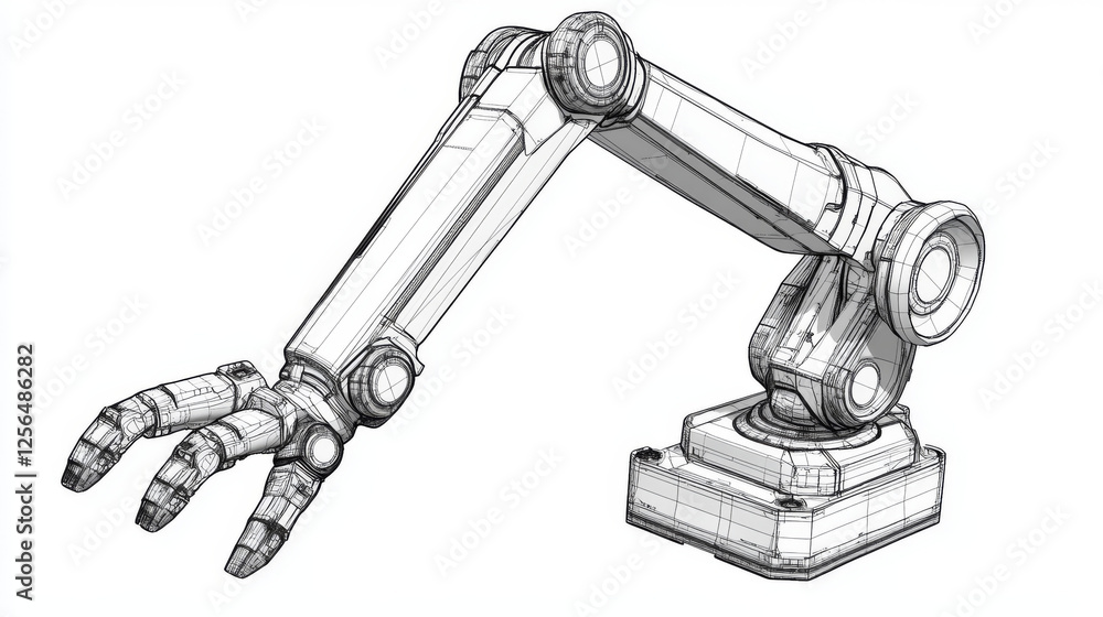 Poster mechanical arm hologram created with polygons and lines. a low-poly design symbolizing automation an