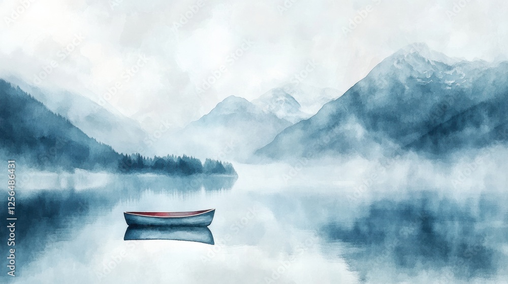Poster serene watercolor illustration of a single rowboat on a calm mountain lake under a clear sky. genera