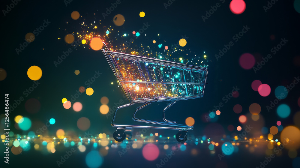 Poster shopping basket from the particles. the shopping cart consists of circles and points. vector illustr