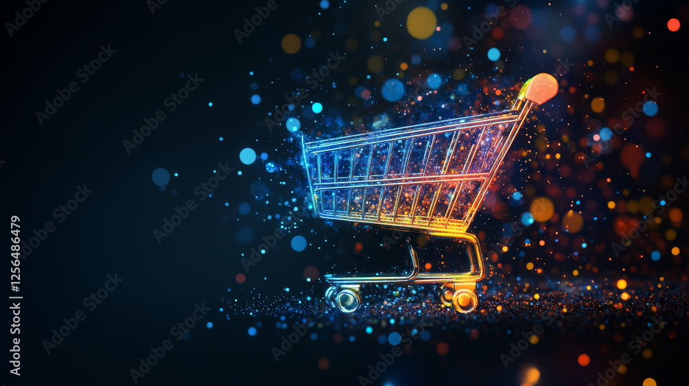 Poster shopping basket from the particles. the shopping cart consists of circles and points. vector illustr