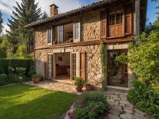 Charming Country Home with Rustic Architecture and Landscaped Garden Under Sunny Skies