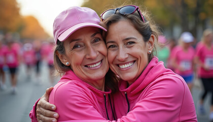 Senior Hispanic woman hugs young adult granddaughter. Both wearing pink athletic clothing at breast cancer awareness charity run. Many participants register in background. Family supports health,