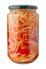 Mix of julienne-cut pickled vegetables in glass jar, in Italian called giardiniera it is ingredient for Russian salad. Cut out