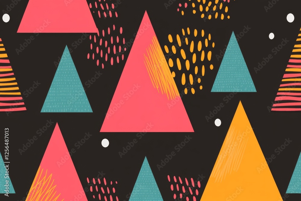 Poster colorful pattern of triangles and circles on a black background
