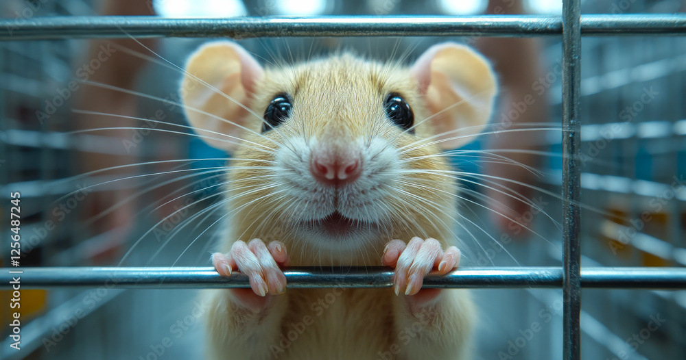 Poster a small, furry, brown mouse is looking at the camera with its mouth open. concept of curiosity and p