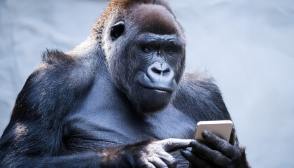 Obraz premium Gorilla touching smartphone, thinking, operating, facial expressions, laughing, pointing