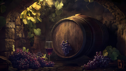 A timeworn oak wine barrel in a dark cellar, surrounded by fresh grapes and a glass of wine, with rich textures and atmospheric lighting, evoking vintage charm. Time-Torn Landscapes. Illustration
