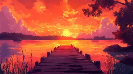 Fototapete A timeworn wooden dock stretches into a tranquil lake beneath a striking sunset, featuring vibrant orange and pink skies. Time-Torn Landscapes. Illustration © Thiago