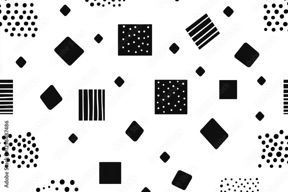 Poster black and white patterned background with many small squares and circles