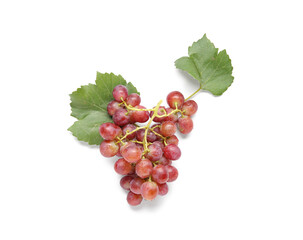 Tasty ripe grapes with leaves on white background