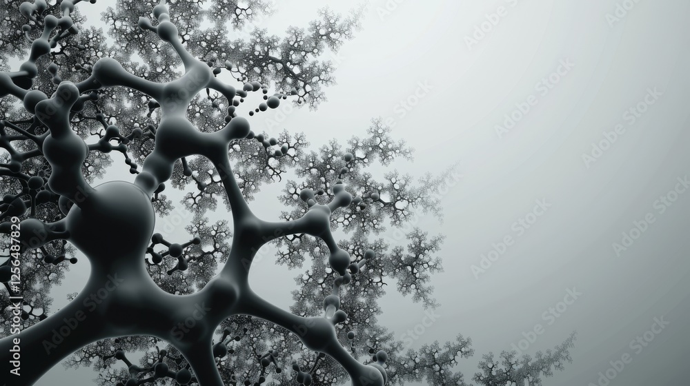 Poster futuristic digital art combining fractal-inspired branches and molecular structures in a soft graysc