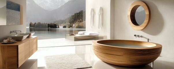 Modern luxurious bathroom with wooden bathtub overlooking mountain lake view