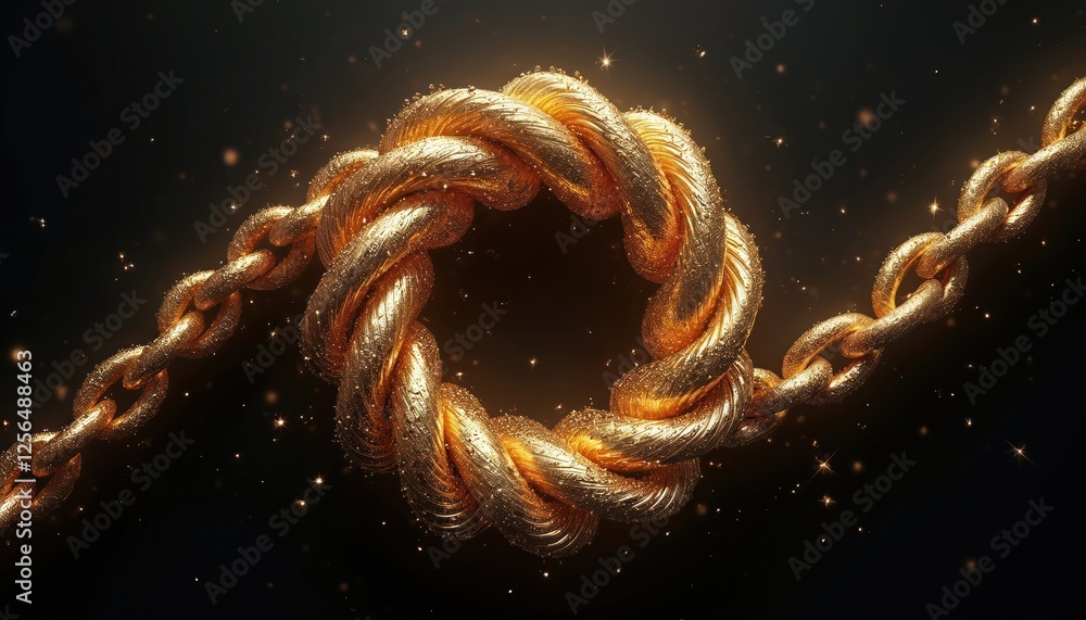 Poster 3d render abstract spiral shiny golden twisted chain isolated on black. metallic swirls, cosmic glit