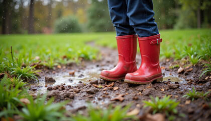 Child in red rain boots standing in muddy puddle on grass