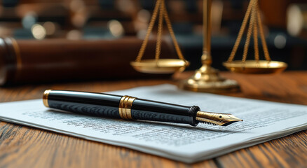 A pen is on top of a piece of paper with a legal document. The pen is black and gold, and the document is written in black ink. The scene suggests a sense of formality and importance, as the pen