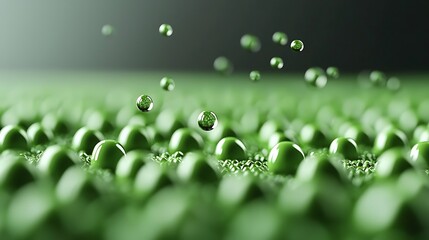Close-up of green droplets on textured surface, showcasing vibrant colors and depth in a serene background
