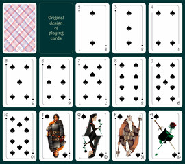 Original design of playing cards. All cards are of the spade suit. Standard poker deck from deuce to ace