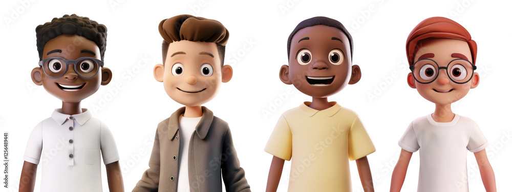 Poster png diverse 3d animated characters smiling, element set on transparent background