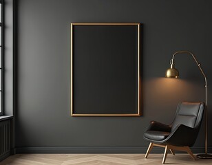 Illustration shows interior with gold frame mockup, black wall and modern armchair near lamp. Stylish minimal elegant home design, luxury decor, furniture for living room. Art element template.