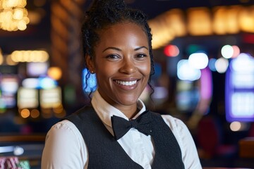 Smiling african female casino dealer in formal attire with blurred slot machines